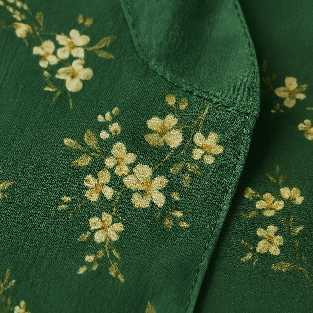 Sheer green button-down blouse with yellow floral print and long sleeves.