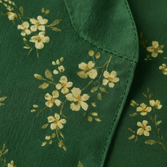 Sheer green button-down blouse with yellow floral print and long sleeves.