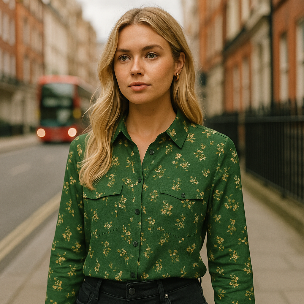 Sheer green button-down blouse with yellow floral print and long sleeves.