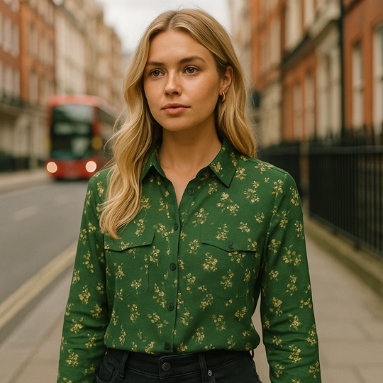 Sheer green button-down blouse with yellow floral print and long sleeves.