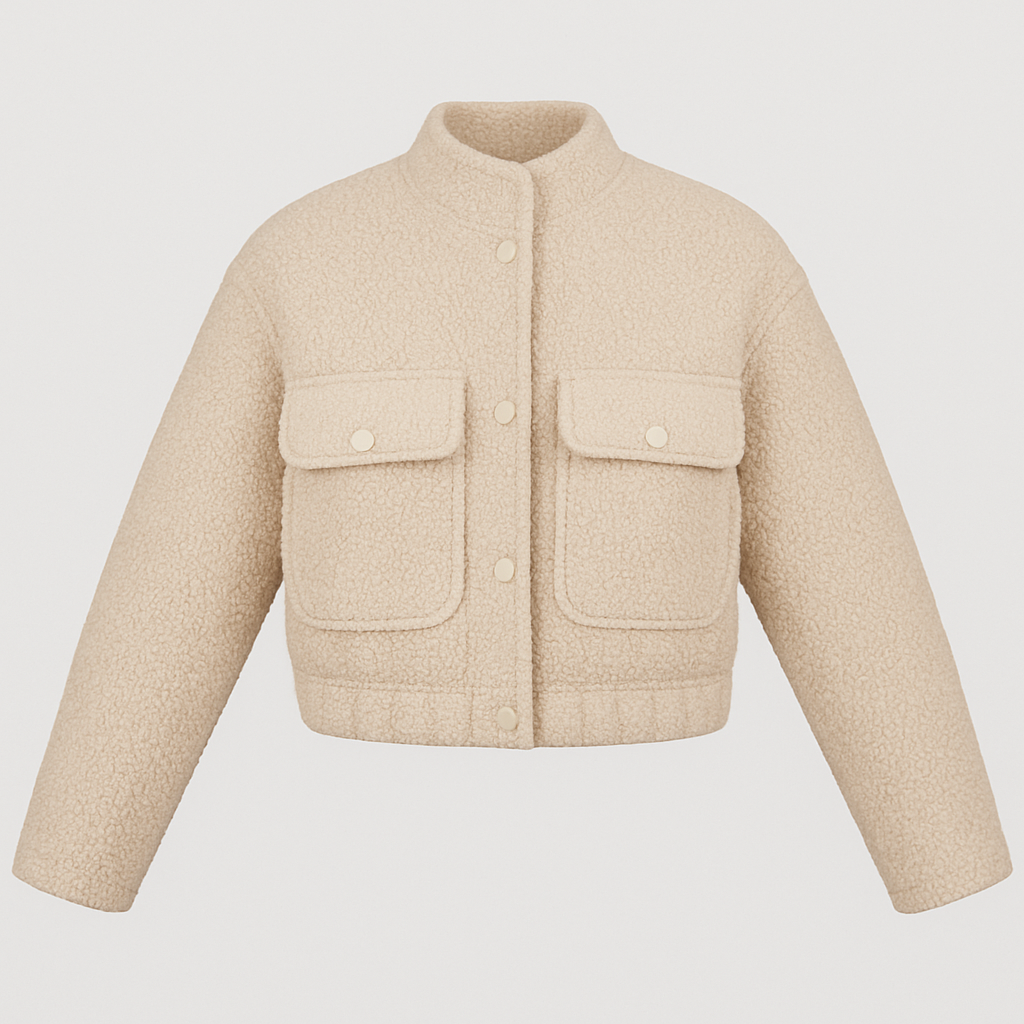 Beige bouclé cropped jacket with stand collar, snap button closure, long sleeves, and front flap pockets, displayed on a white background.