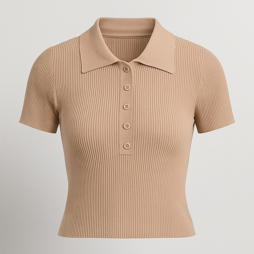 Beige short-sleeve ribbed knit polo top with button placket and pointed collar.