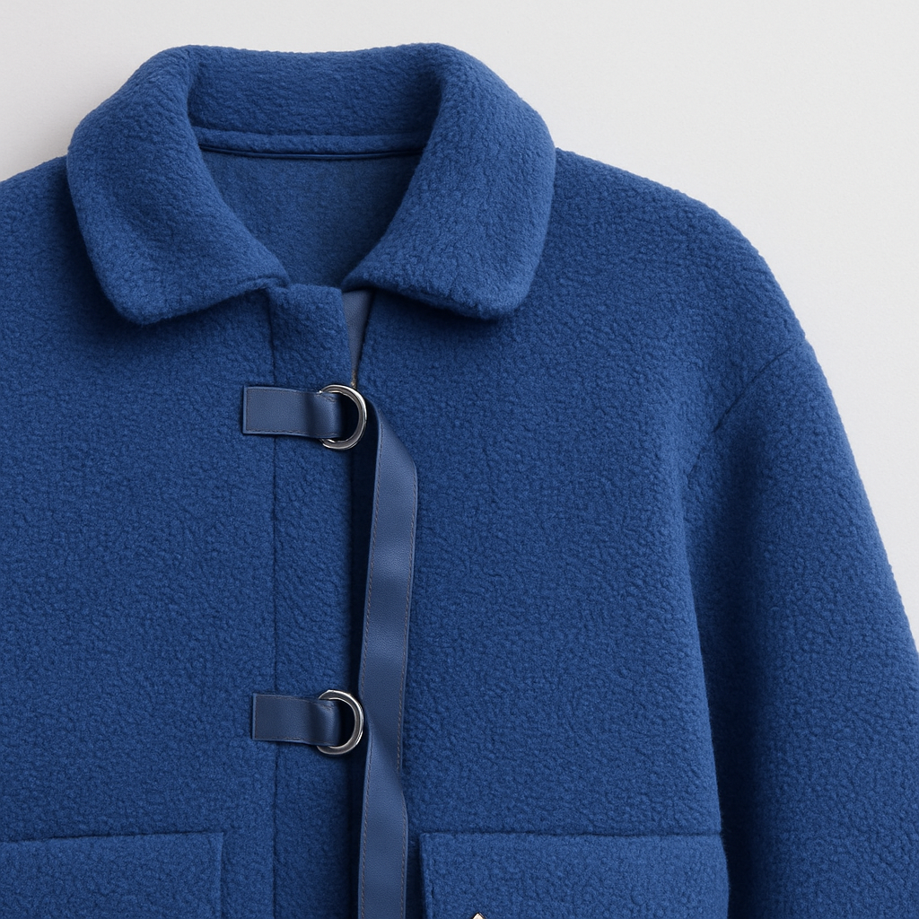 Blue fleece jacket with buckle closures, denim patch pockets, and a collared neckline.