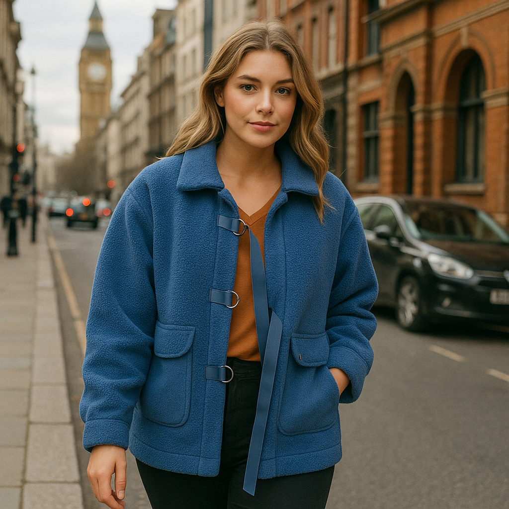 Blue fleece jacket with buckle closures, denim patch pockets, and a collared neckline.