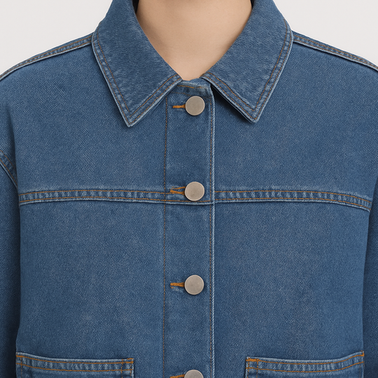 Blue denim jacket with snap-button closure, pointed collar, front patch pockets, and logo detail on the sleeve, displayed on a white background.