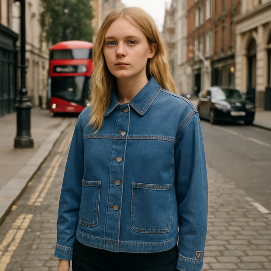 Blue denim jacket with snap-button closure, pointed collar, front patch pockets, and logo detail on the sleeve, displayed on a white background.