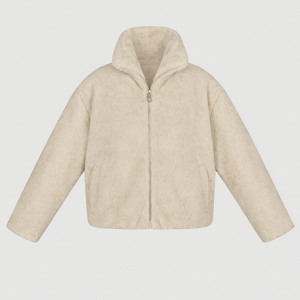 Beige faux fur cropped jacket with hooded collar, zip closure, and long sleeves.