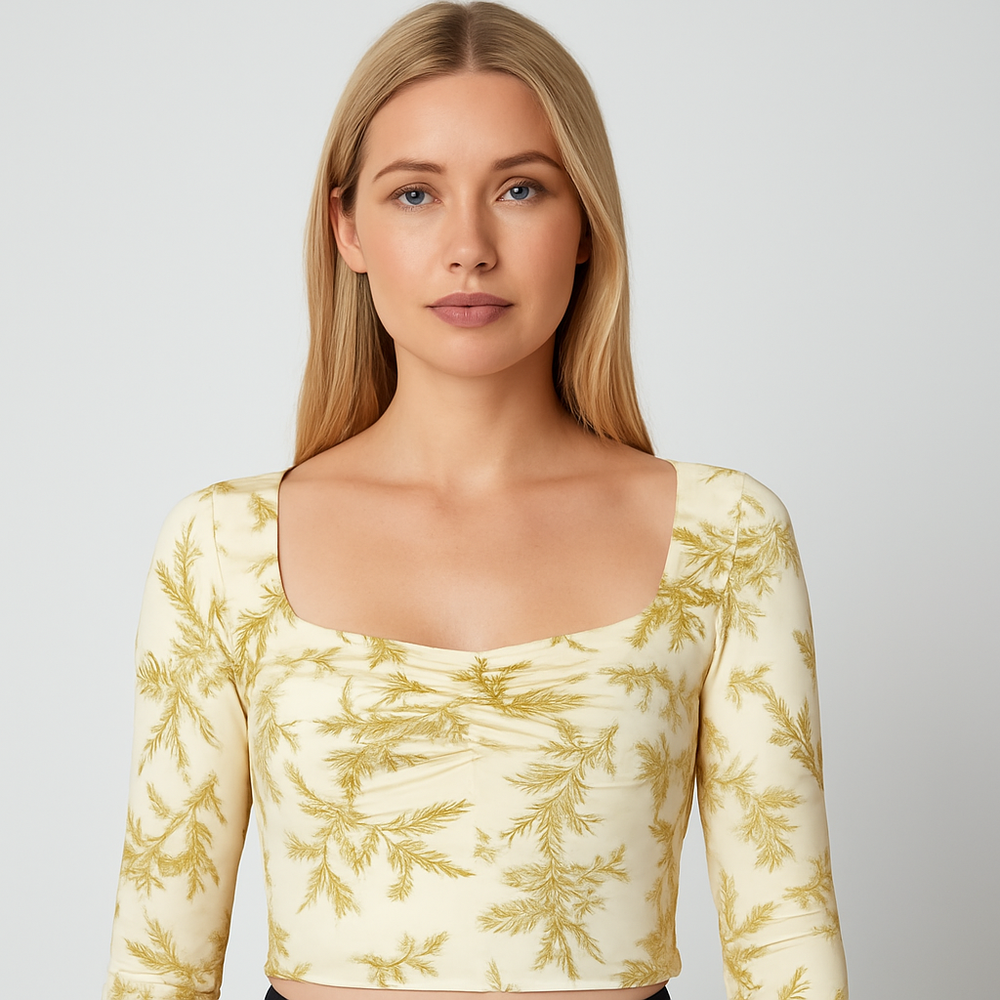 Cream botanical print long-sleeve top with square neckline and ruched bust.