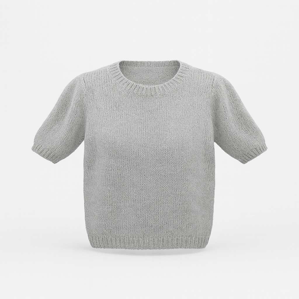 Light grey short-sleeve knit top with crew neck and ribbed trims.
