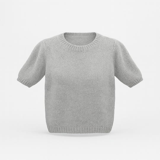 Light grey short-sleeve knit top with crew neck and ribbed trims.