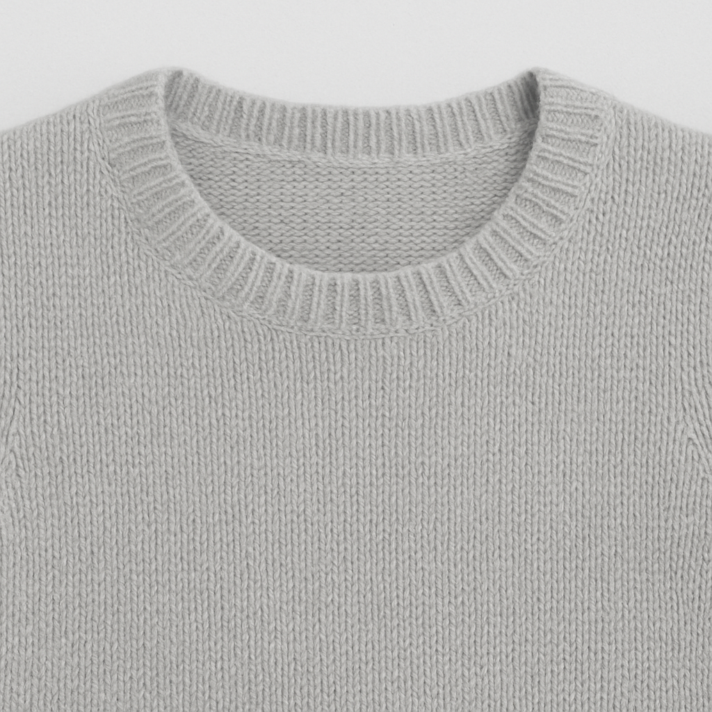 Light grey short-sleeve knit top with crew neck and ribbed trims.