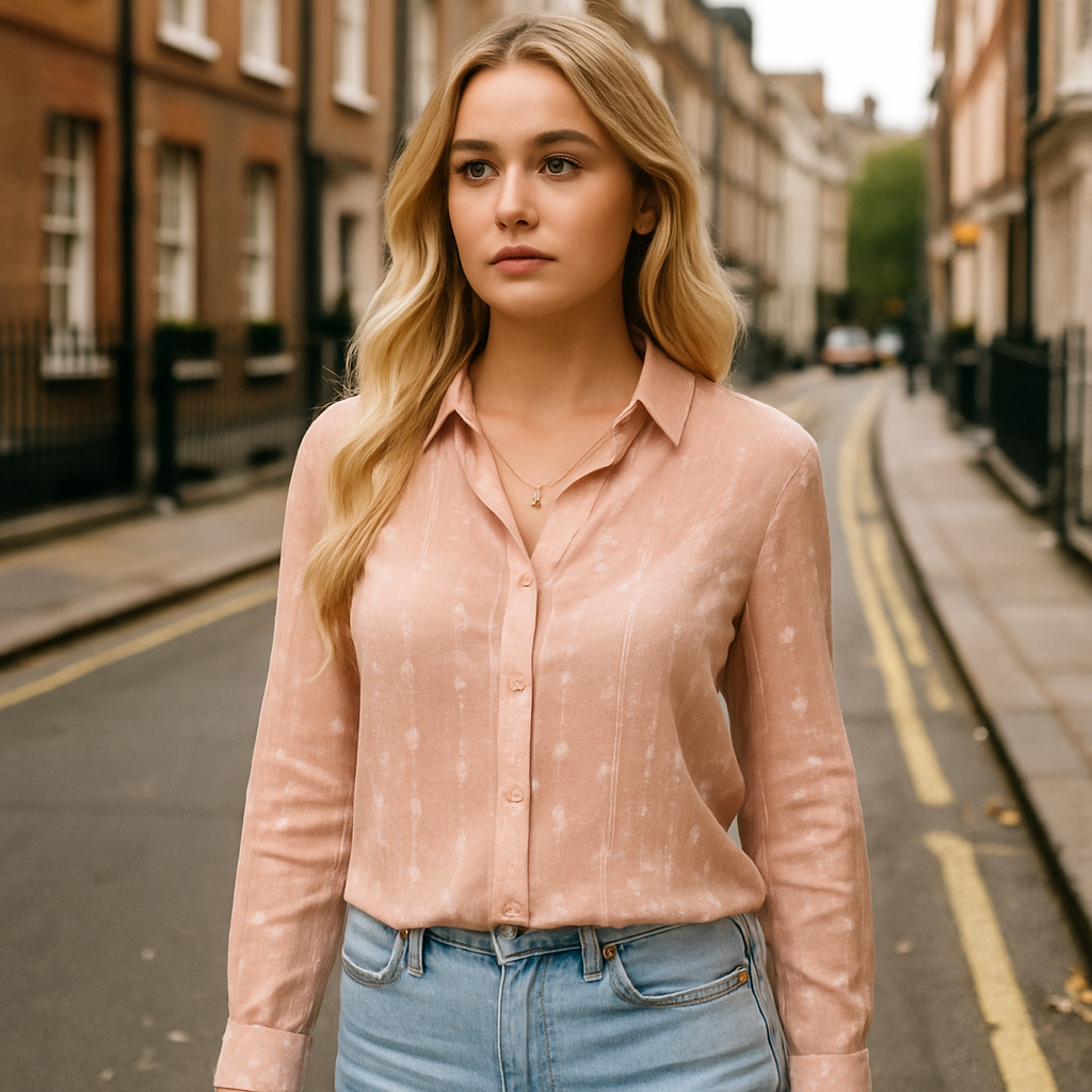 Blush pink button-down blouse with vertical stripes, dotted pattern, and long sleeves.