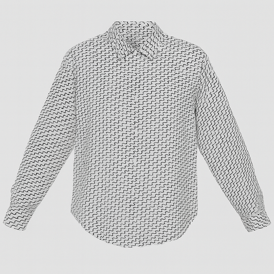 White button-down blouse with black geometric wave print and long sleeves.