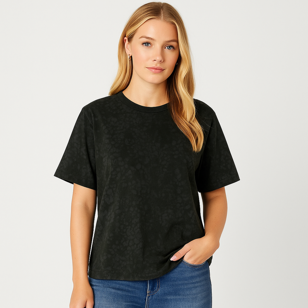 Charcoal short-sleeve t-shirt with abstract tonal shadow print and relaxed fit.