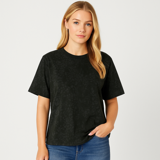 Charcoal short-sleeve t-shirt with abstract tonal shadow print and relaxed fit.
