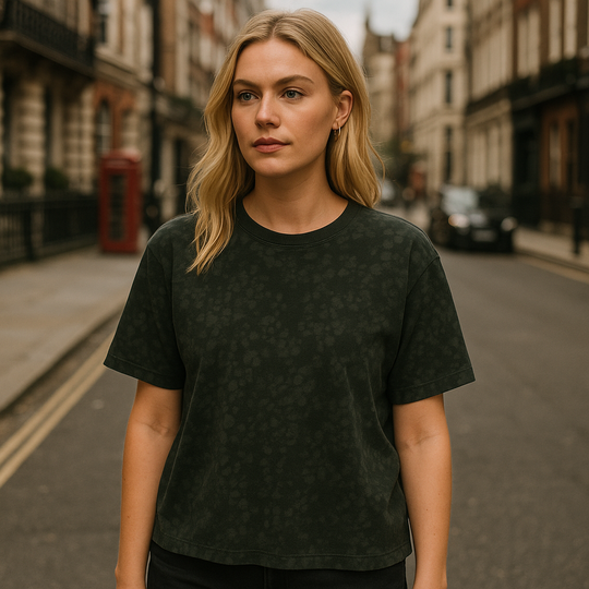 Charcoal short-sleeve t-shirt with abstract tonal shadow print and relaxed fit.